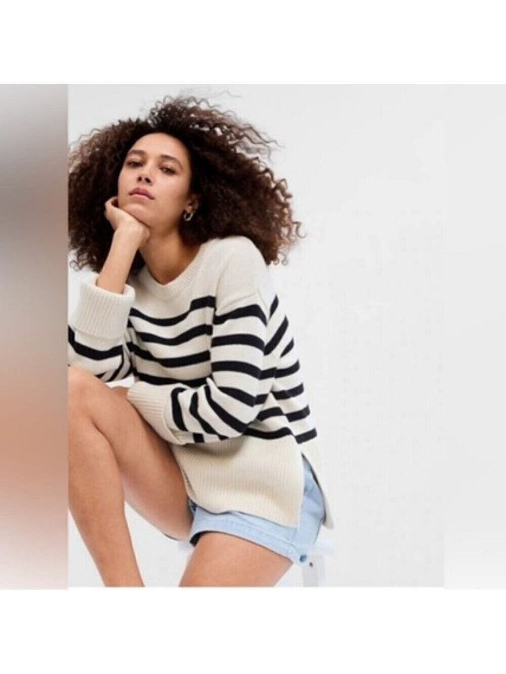 Gap 24/7 Stripe Sweater Split Hem Crew Neck Black/Ivory Oversized Cotton M